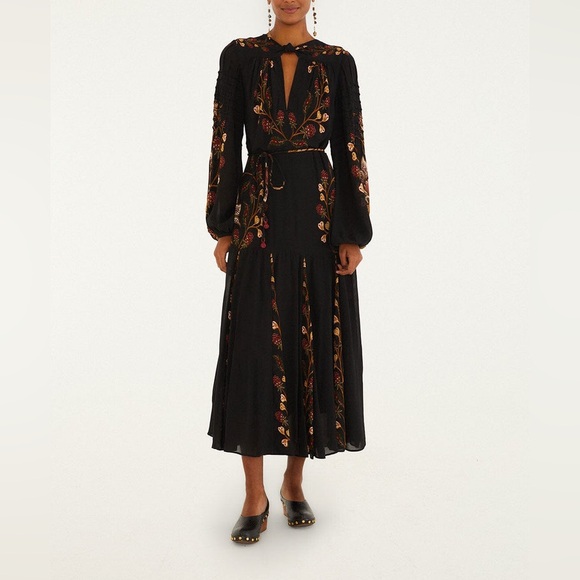 Farm Rio Black Berry Garden Long Sleeve Pleated Maxi Dress Size M - Picture 5 of 14